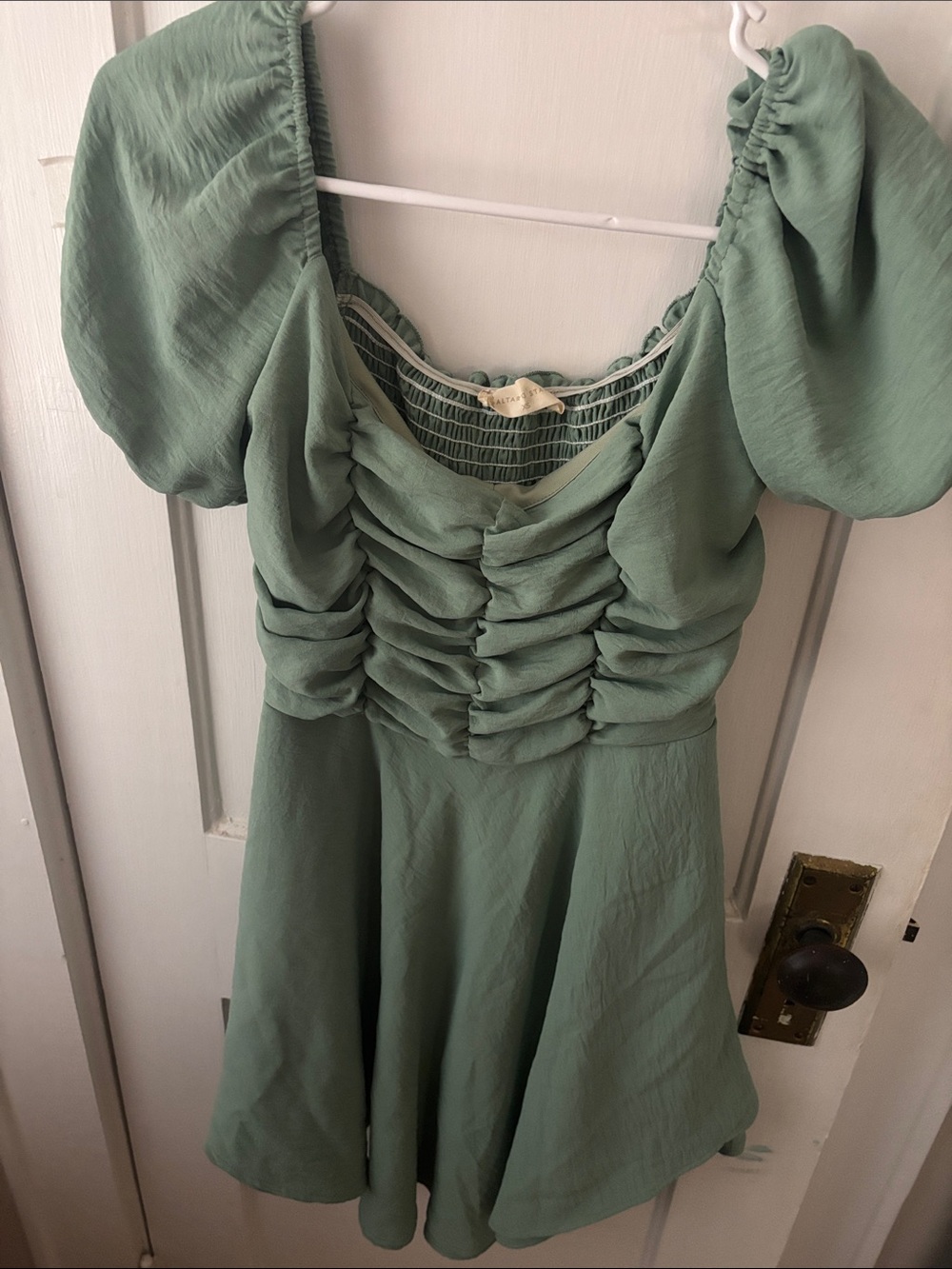 Altar'd State Sage Green Puff-Sleeve Ruched Mini Dress